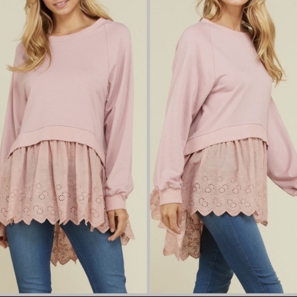 NWOT Mauve High-Low Dolman Sweater Top W Lace Detail Women's Large